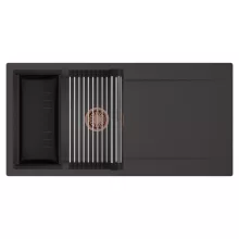 HD Onyx Antracit 100 egymedencés mosogatótálca szett, acél csepegtetőráccsal és matt fekete kosárral, csepegtetőtálcával, matt antracit színben, szálcsiszolt réz leeresztő szifonnal