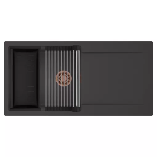 HD Onyx Antracit 100 egymedencés mosogatótálca szett, acél csepegtetőráccsal és matt fekete kosárral, csepegtetőtálcával, matt antracit színben, szálcsiszolt réz leeresztő szifonnal