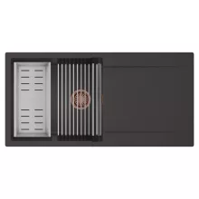 HD Onyx Antracit 100 egymedencés mosogatótálca szett, acél csepegtetőráccsal és kosárral, csepegtetőtálcával, matt antracit színben, szálcsiszolt réz leeresztő szifonnal