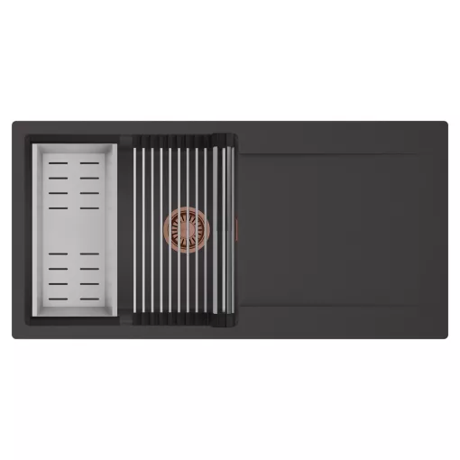 HD Onyx Antracit 100 egymedencés mosogatótálca szett, acél csepegtetőráccsal és kosárral, csepegtetőtálcával, matt antracit színben, szálcsiszolt réz leeresztő szifonnal