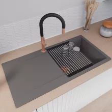 HD Onyx Antracit 100 egymedencés mosogatótálca szett, acél csepegtetőráccsal és kosárral, csepegtetőtálcával, matt antracit színben, szálcsiszolt réz leeresztő szifonnal