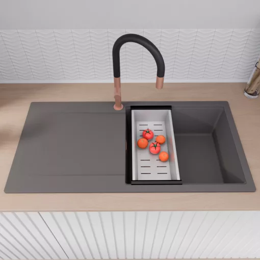 HD Onyx Antracit 100 egymedencés mosogatótálca szett, acél csepegtetőráccsal és kosárral, csepegtetőtálcával, matt antracit színben, szálcsiszolt réz leeresztő szifonnal