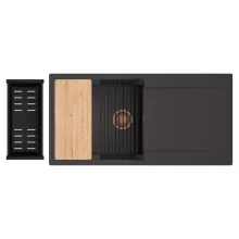 HD Onyx Antracit 100 egymedencés gránit mosogatótálca szett, csepegtetőtálcával, vágódeszkával, matt fekete csepegtetőráccsal és kosárral, matt antracit színben, szálcsiszolt réz leeresztő szifonnal