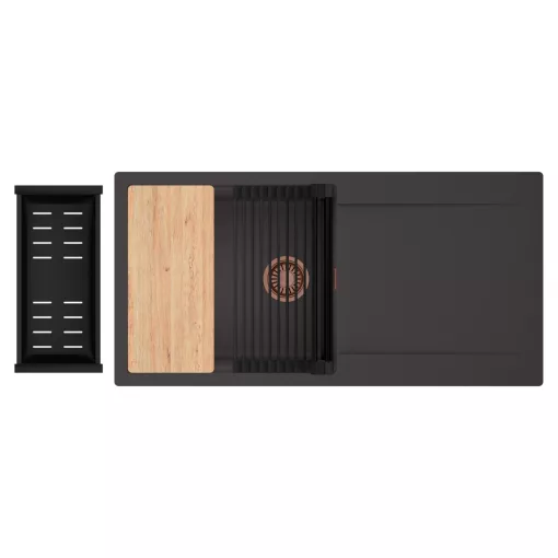 HD Onyx Antracit 100 egymedencés gránit mosogatótálca szett, csepegtetőtálcával, vágódeszkával, matt fekete csepegtetőráccsal és kosárral, matt antracit színben, szálcsiszolt réz leeresztő szifonnal
