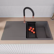 HD Onyx Antracit 100 egymedencés gránit mosogatótálca szett, csepegtetőtálcával, vágódeszkával, matt fekete csepegtetőráccsal és kosárral, matt antracit színben, szálcsiszolt réz leeresztő szifonnal