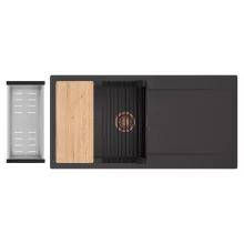 HD Onyx Antracit 100 egymedencés gránit mosogatótálca szett, csepegtetőtálcával, vágódeszkával, matt fekete csepegtetőráccsal és krómozott kosárral, matt antracit színben, szálcsiszolt réz leeresztő szifonnal