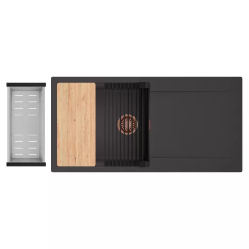 HD Onyx Antracit 100 egymedencés gránit mosogatótálca szett, csepegtetőtálcával, vágódeszkával, matt fekete csepegtetőráccsal és krómozott kosárral, matt antracit színben, szálcsiszolt réz leeresztő szifonnal