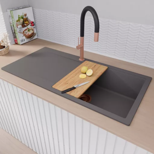 HD Onyx Antracit 100 egymedencés gránit mosogatótálca szett, csepegtetőtálcával, vágódeszkával, matt fekete csepegtetőráccsal és krómozott kosárral, matt antracit színben, szálcsiszolt réz leeresztő szifonnal