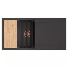 HD Onyx Antracit 100 egymedencés gránit mosogatótálca szett, csepegtetőtálcával, vágódeszkával, matt fekete csepegtetőráccsal, matt antracit színben, szálcsiszolt réz leeresztő szifonnal