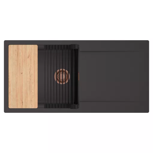 HD Onyx Antracit 100 egymedencés gránit mosogatótálca szett, csepegtetőtálcával, vágódeszkával, matt fekete csepegtetőráccsal, matt antracit színben, szálcsiszolt réz leeresztő szifonnal