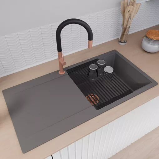 HD Onyx Antracit 100 egymedencés gránit mosogatótálca szett, csepegtetőtálcával, vágódeszkával, matt fekete csepegtetőráccsal, matt antracit színben, szálcsiszolt réz leeresztő szifonnal