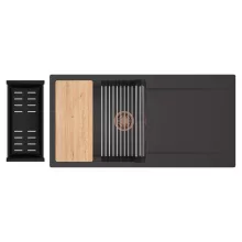 HD Onyx Antracit 100 egymedencés gránit mosogatótálca szett, csepegtetőtálcával, vágódeszkával, acél csepegtetőráccsal és matt fekete kosárral, matt antracit színben, szálcsiszolt réz leeresztő szifonnal