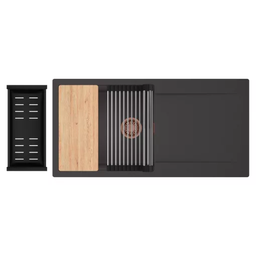 HD Onyx Antracit 100 egymedencés gránit mosogatótálca szett, csepegtetőtálcával, vágódeszkával, acél csepegtetőráccsal és matt fekete kosárral, matt antracit színben, szálcsiszolt réz leeresztő szifonnal