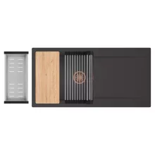 HD Onyx Antracit 100 egymedencés gránit mosogatótálca szett, csepegtetőtálcával, vágódeszkával, acél csepegtetőráccsal és kosárral, matt antracit színben, szálcsiszolt réz leeresztő szifonnal