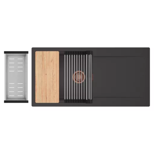 HD Onyx Antracit 100 egymedencés gránit mosogatótálca szett, csepegtetőtálcával, vágódeszkával, acél csepegtetőráccsal és kosárral, matt antracit színben, szálcsiszolt réz leeresztő szifonnal