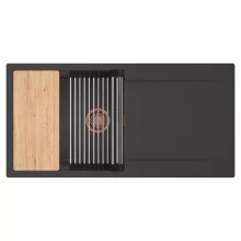 HD Onyx Antracit 100 egymedencés gránit mosogatótálca szett, csepegtetőtálcával, vágódeszkával, acél csepegtetőráccsal, matt antracit színben, szálcsiszolt réz leeresztő szifonnal