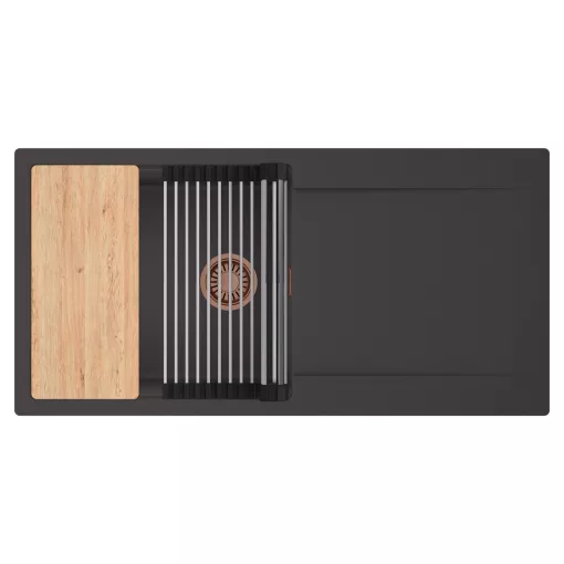 HD Onyx Antracit 100 egymedencés gránit mosogatótálca szett, csepegtetőtálcával, vágódeszkával, acél csepegtetőráccsal, matt antracit színben, szálcsiszolt réz leeresztő szifonnal