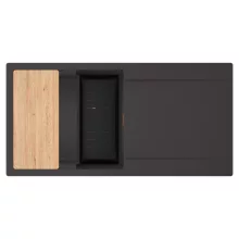 HD Onyx Antracit 100 egymedencés gránit mosogatótálca szett, csepegtetőtálcával, vágódeszkával, matt fekete csepegtetőkosárral, matt antracit színben, szálcsiszolt réz leeresztő szifonnal