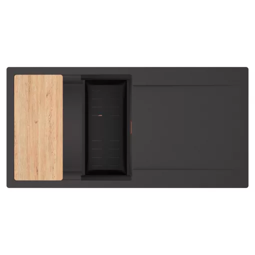 HD Onyx Antracit 100 egymedencés gránit mosogatótálca szett, csepegtetőtálcával, vágódeszkával, matt fekete csepegtetőkosárral, matt antracit színben, szálcsiszolt réz leeresztő szifonnal