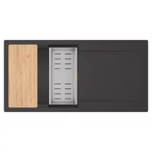 HD Onyx Antracit 100 egymedencés gránit mosogatótálca szett, csepegtetőtálcával, vágódeszkával, acél csepegtetőkosárral, matt antracit színben, szálcsiszolt réz leeresztő szifonnal