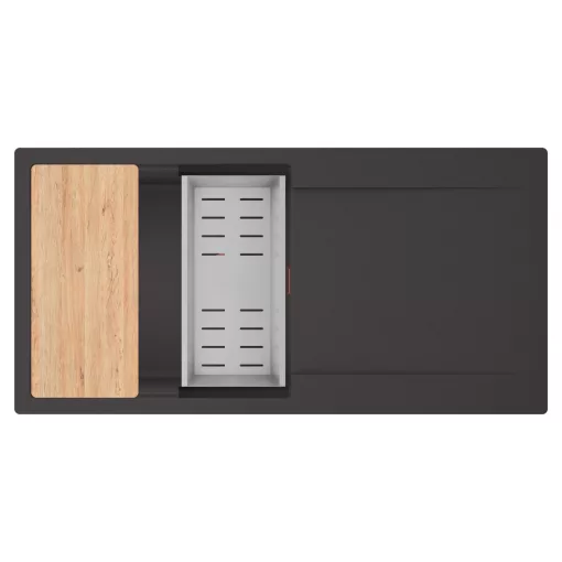 HD Onyx Antracit 100 egymedencés gránit mosogatótálca szett, csepegtetőtálcával, vágódeszkával, acél csepegtetőkosárral, matt antracit színben, szálcsiszolt réz leeresztő szifonnal