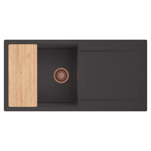 HD Onyx Antracit 100 egymedencés gránit mosogatótálca, vágódeszkával, matt antracit színben, szálcsiszolt réz leeresztő szifonnal