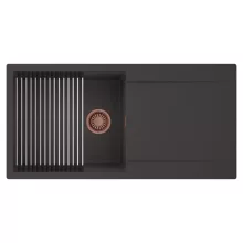 HD Onyx Antracit 100 egymedencés mosogatótálca szett, acél csepegtetőráccsal, csepegtetőtálcával, matt antracit színben, szálcsiszolt réz leeresztő szifonnal