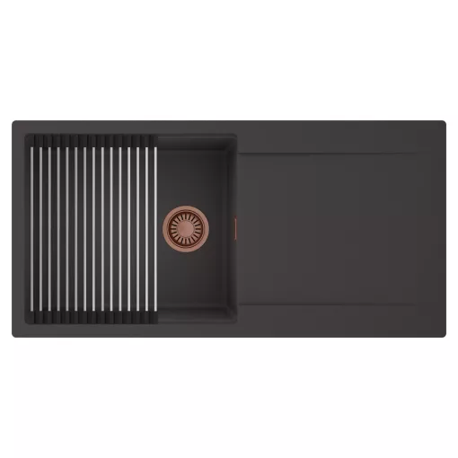 HD Onyx Antracit 100 egymedencés mosogatótálca szett, acél csepegtetőráccsal, csepegtetőtálcával, matt antracit színben, szálcsiszolt réz leeresztő szifonnal
