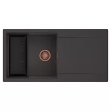 HD Onyx Antracit 100 egymedencés mosogatótálca szett, matt fekete csepegtetőkosárral, csepegtetőtálcával, matt antracit színben, szálcsiszolt réz leeresztő szifonnal