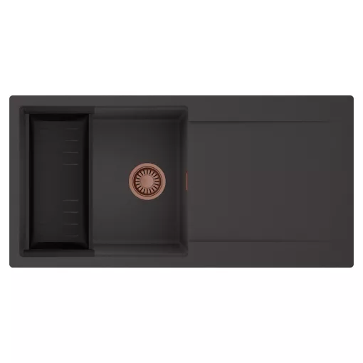 HD Onyx Antracit 100 egymedencés mosogatótálca szett, matt fekete csepegtetőkosárral, csepegtetőtálcával, matt antracit színben, szálcsiszolt réz leeresztő szifonnal