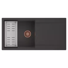 HD Onyx Antracit 100 egymedencés mosogatótálca szett, acél csepegtetőkosárral, csepegtetőtálcával, matt antracit színben, szálcsiszolt réz leeresztő szifonnal