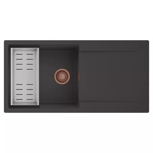 HD Onyx Antracit 100 egymedencés mosogatótálca szett, acél csepegtetőkosárral, csepegtetőtálcával, matt antracit színben, szálcsiszolt réz leeresztő szifonnal