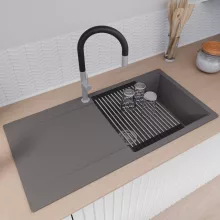 HD Onyx Antracit 100 egymedencés mosogatótálca szett, acél csepegtetőráccsal és matt fekete kosárral, csepegtetőtálcával, matt antracit színben