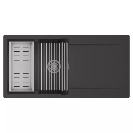 HD Onyx Antracit 100 egymedencés mosogatótálca szett, acél csepegtetőráccsal és kosárral, csepegtetőtálcával, matt antracit színben
