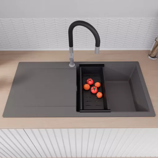 HD Onyx Antracit 100 egymedencés gránit mosogatótálca szett, csepegtetőtálcával, vágódeszkával, matt fekete csepegtetőráccsal és kosárral, matt antracit színben