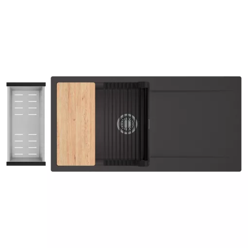 HD Onyx Antracit 100 egymedencés gránit mosogatótálca szett, csepegtetőtálcával, vágódeszkával, matt fekete csepegtetőráccsal és krómozott kosárral, matt antracit színben