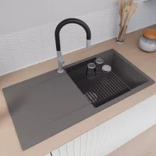 HD Onyx Antracit 100 egymedencés gránit mosogatótálca szett, csepegtetőtálcával, vágódeszkával, matt fekete csepegtetőráccsal és krómozott kosárral, matt antracit színben