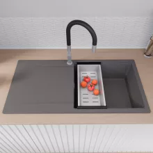 HD Onyx Antracit 100 egymedencés gránit mosogatótálca szett, csepegtetőtálcával, vágódeszkával, matt fekete csepegtetőráccsal és krómozott kosárral, matt antracit színben