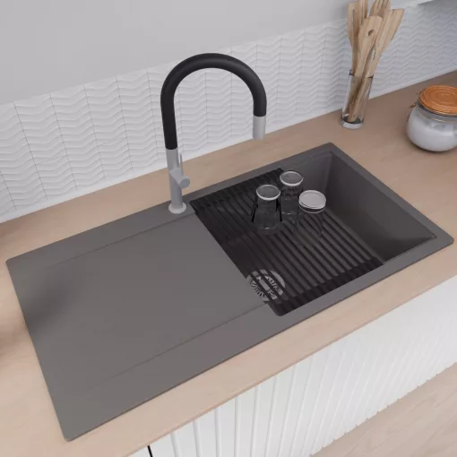 HD Onyx Antracit 100 egymedencés gránit mosogatótálca szett, csepegtetőtálcával, vágódeszkával, matt fekete csepegtetőráccsal, matt antracit színben