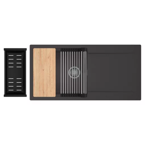 HD Onyx Antracit 100 egymedencés gránit mosogatótálca szett, csepegtetőtálcával, vágódeszkával, acél csepegtetőráccsal és matt fekete kosárral, matt antracit színben