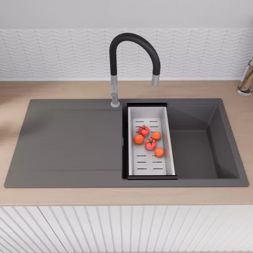 HD Onyx Antracit 100 egymedencés gránit mosogatótálca szett, csepegtetőtálcával, vágódeszkával, acél csepegtetőráccsal és kosárral, matt antracit színben