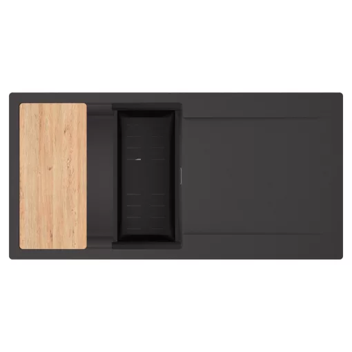 HD Onyx Antracit 100 egymedencés gránit mosogatótálca szett, csepegtetőtálcával, vágódeszkával, matt fekete csepegtetőkosárral, matt antracit színben