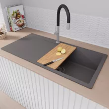 HD Onyx Antracit 100 egymedencés gránit mosogatótálca szett, csepegtetőtálcával, vágódeszkával, matt fekete csepegtetőkosárral, matt antracit színben