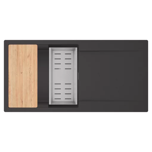 HD Onyx Antracit 100 egymedencés gránit mosogatótálca szett, csepegtetőtálcával, vágódeszkával, acél csepegtetőkosárral, matt antracit színben