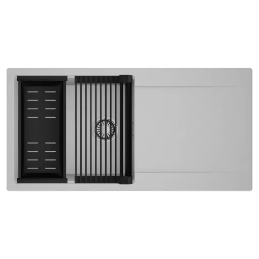 HD Onyx Grey 100 egymedencés mosogatótálca szett, matt fekete csepegtetőráccsal és kosárral, csepegtetőtálcával, alpesi szürke színben, szálcsiszolt króm leeresztő szifonnal