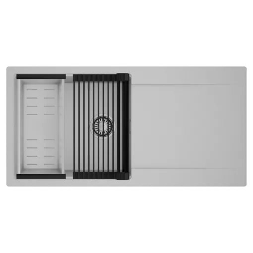 HD Onyx Grey 100 egymedencés mosogatótálca szett, matt fekete csepegtetőráccsal és krómozott kosárral, csepegtetőtálcával, alpesi szürke színben, szálcsiszolt króm leeresztő szifonnal