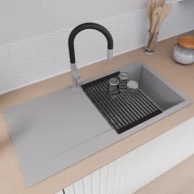 HD Onyx Grey 100 egymedencés mosogatótálca szett, matt fekete csepegtetőráccsal és krómozott kosárral, csepegtetőtálcával, alpesi szürke színben, szálcsiszolt króm leeresztő szifonnal