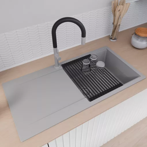 HD Onyx Grey 100 egymedencés mosogatótálca szett, matt fekete csepegtetőráccsal és krómozott kosárral, csepegtetőtálcával, alpesi szürke színben, szálcsiszolt króm leeresztő szifonnal