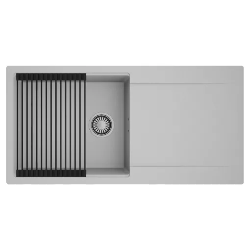 HD Onyx Grey 100 egymedencés mosogatótálca szett, matt fekete csepegtetőráccsal, csepegtetőtálcával, alpesi szürke színben, szálcsiszolt króm leeresztő szifonnal