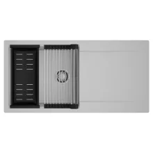 HD Onyx Grey 100 egymedencés mosogatótálca szett, acél csepegtetőráccsal és matt fekete kosárral, csepegtetőtálcával, alpesi szürke színben, szálcsiszolt króm leeresztő szifonnal